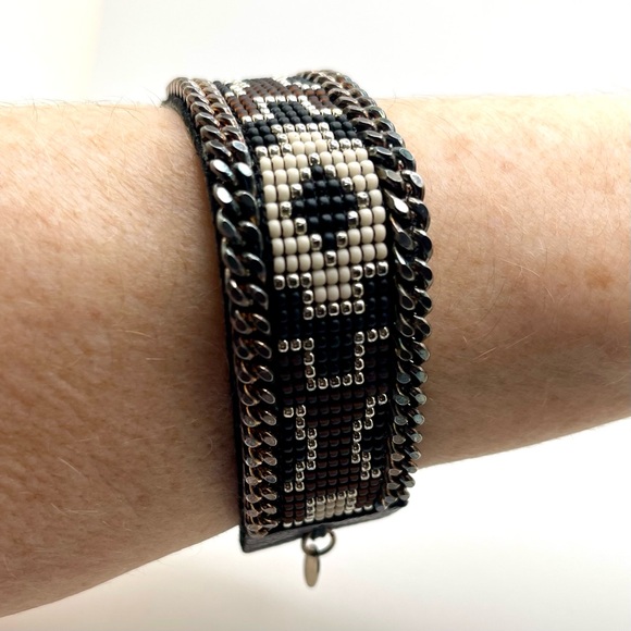 K&Z Leather Beaded Bracelet Black White Signed - Picture 1 of 8